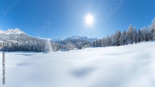 Wallpaper Mural Panoramic view of a snowy winter landscape with snow-covered trees and clear blue sky, sunlight shining over a serene and peaceful mountain scenery. Torontodigital.ca