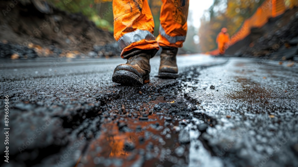 A close-up shot of a worker walking on a rain-soaked road, with construction equipment and a rough terrain visible in the background, emphasizing hard work and industry. A close-up shot of a worker walking on a rain-soaked road, with construction equipment and a rough terrain visible in the background, emphasizing hard work and industry.
