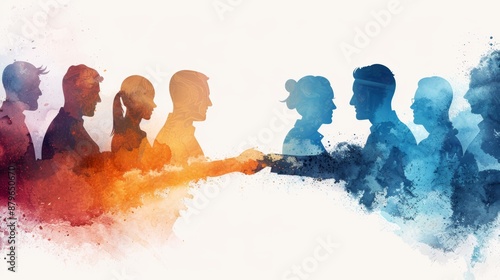 Silhouettes of people shaking hands, symbolizing collaboration and connection. Watercolor effect adds a vibrant and artistic touch.