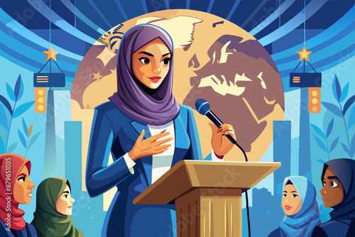 beautiful mixed speaker in hijab giving a speech at a business seminar. 
