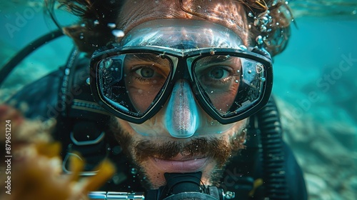 A scuba diver navigates the underwater world in full gear, capturing adventure, exploration, and the serene beauty of the ocean marine environment.