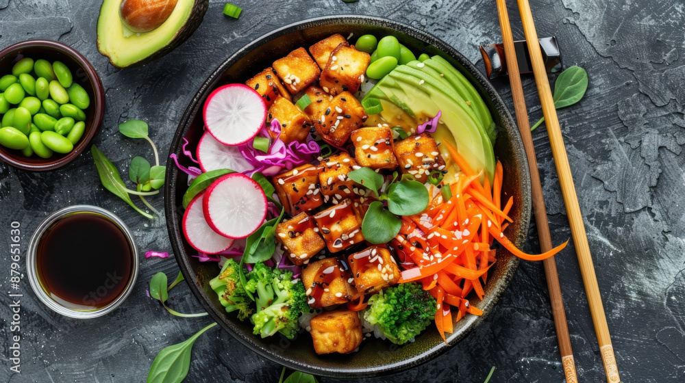 Vibrant vegan poke bowl with tofu, avocado, edamame, radishes, carrots, and broccoli on dark background Vibrant vegan poke bowl with tofu, avocado, edamame, radishes, carrots, and broccoli on dark background