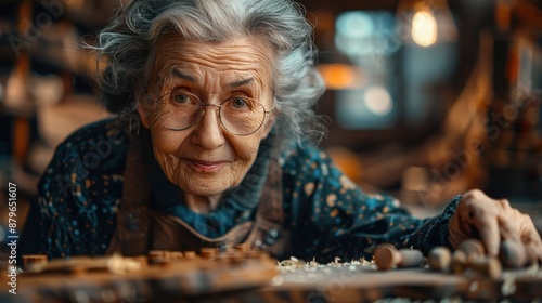 Wallpaper Mural An elderly woman with glasses is crafting with wooden tools in her workshop. She looks focused, demonstrating skills passed through generations, embodying dedication and artistry. Torontodigital.ca