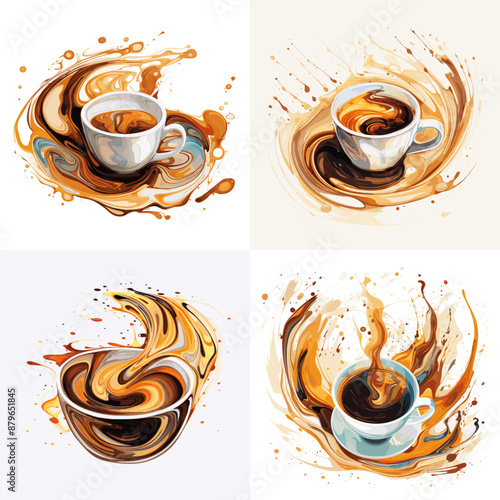 Four coffee cups with brown liquid splashing out of them