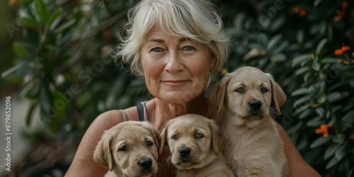 Portrait of a happy woman with two labrador retriever puppies photo