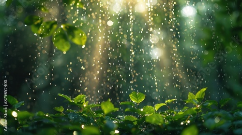 Golden sunlight filters through rain falling in a lush, green forest, highlighting the beauty of nature, growth, and the peacefulness of a rain-drenched landscape.