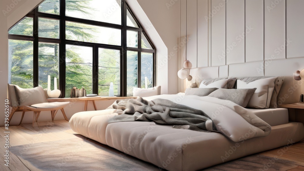 Fototapeta premium Modern Minimalist Bedroom Interior with Large Window and Comfortable Bed