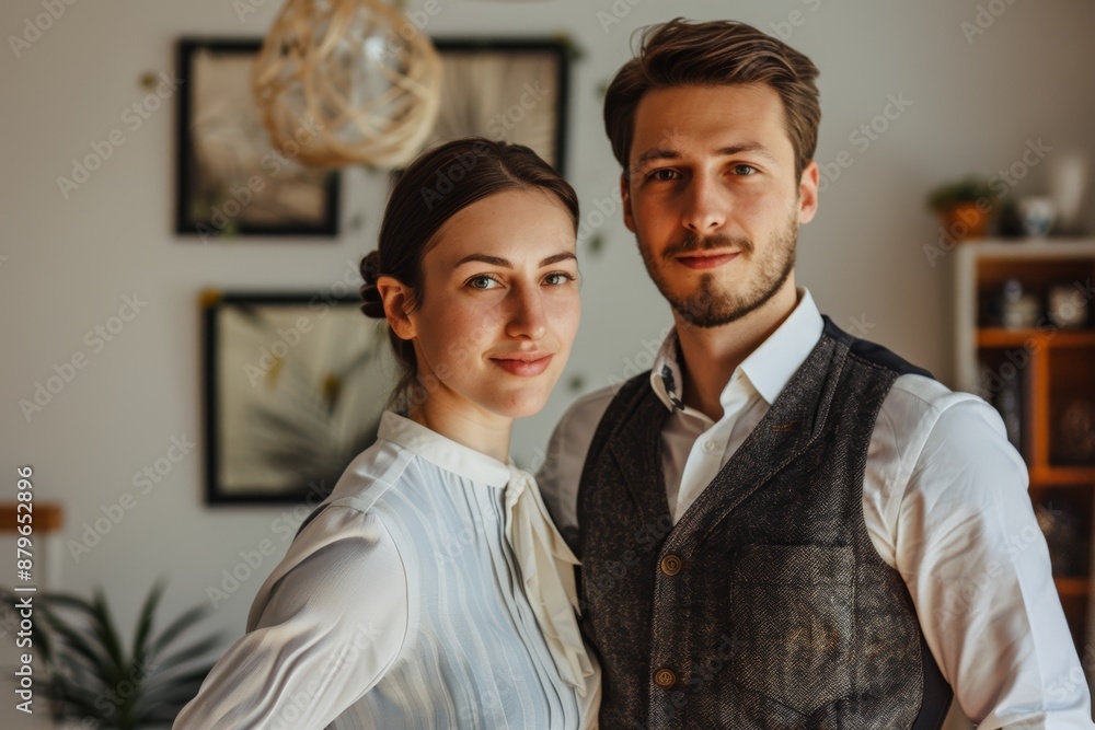Portrait of a glad couple in their 20s dressed in a polished vest isolated in modern minimalist interior Portrait of a glad couple in their 20s dressed in a polished vest isolated in modern minimalist interior
