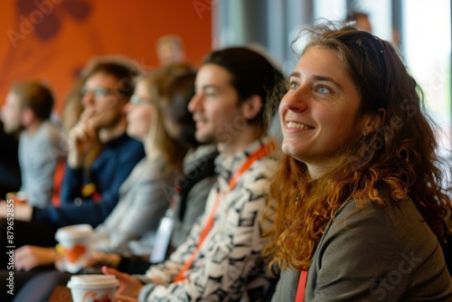 Young woman is smiling while listening to a speaker at a conference