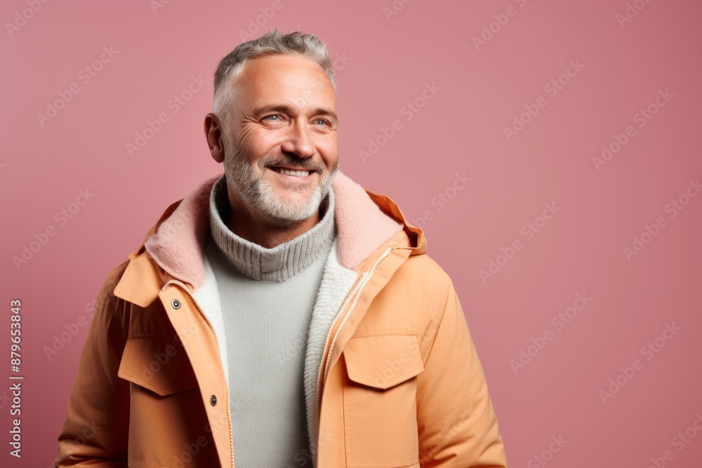 Portrait of a satisfied man in his 50s wearing a warm parka while standing against solid pastel color wall Portrait of a satisfied man in his 50s wearing a warm parka while standing against solid pastel color wall
