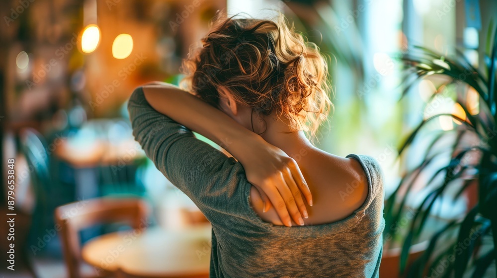 Grimacing with discomfort, a woman hunches forward at a cafe table, clutching her neck and shoulder. The background is blurred with natural light filtering through. Grimacing with discomfort, a woman hunches forward at a cafe table, clutching her neck and shoulder. The background is blurred with natural light filtering through.