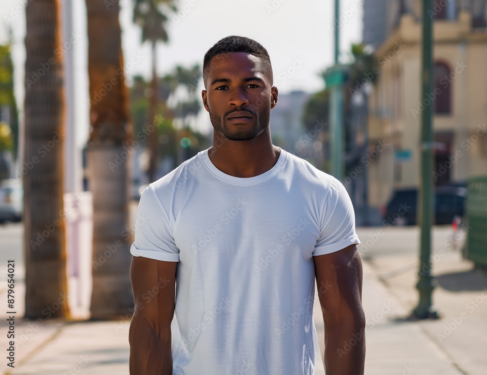 On a bustling Los Angeles street, a confident African American male model showcases a blank white t-shirt in a professional photoshoot. On a bustling Los Angeles street, a confident African American male model showcases a blank white t-shirt in a professional photoshoot.