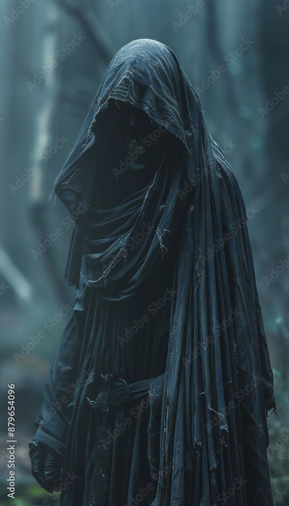 Vertical recreation of death with a black robe and mummified black skull Vertical recreation of death with a black robe and mummified black skull