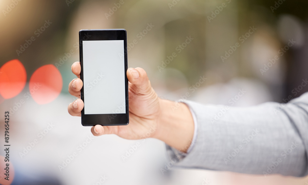 Screen, cellphone and hand of person, display and show of mockup, bokeh and businessman with app. Online, digital and mobile for application of schedule for company, communication and outdoor Screen, cellphone and hand of person, display and show of mockup, bokeh and businessman with app. Online, digital and mobile for application of schedule for company, communication and outdoor