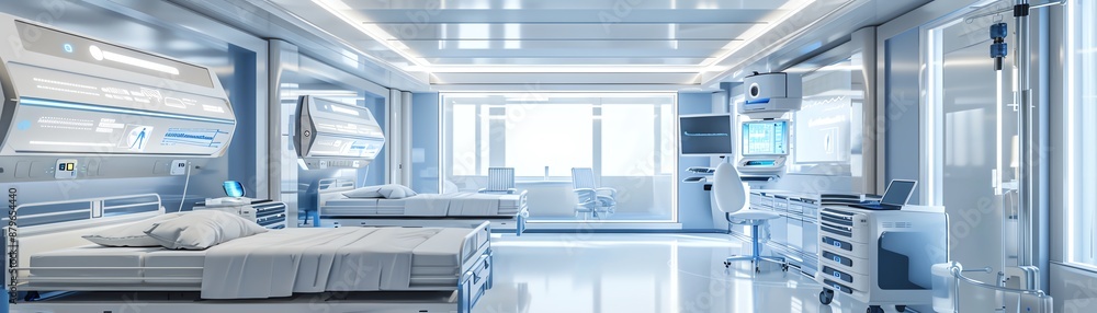 Modern futuristic bedroom with white walls and sleek furniture. Modern futuristic bedroom with white walls and sleek furniture.