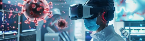 Scientist in VR headset examining 3D model of virus. photo