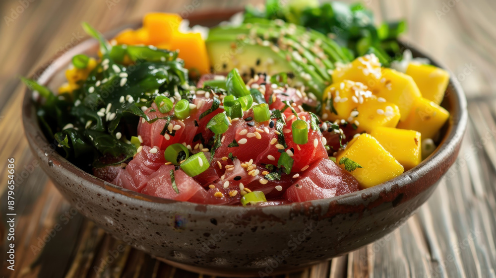 Fresh tuna poke bowl with avocado, mango, seaweed, and sesame seeds in a rustic ceramic bowl Fresh tuna poke bowl with avocado, mango, seaweed, and sesame seeds in a rustic ceramic bowl