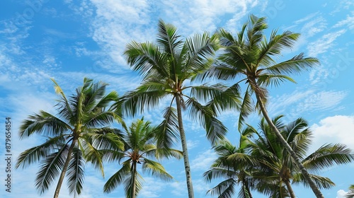 a group of areca palm trees against a blue sky background : Generative AI © The Little Hut