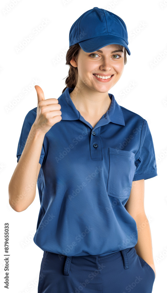 Smiling young Caucasian female worker wearing a blue uniform and cap giving a thumbs up gesture Smiling young Caucasian female worker wearing a blue uniform and cap giving a thumbs up gesture