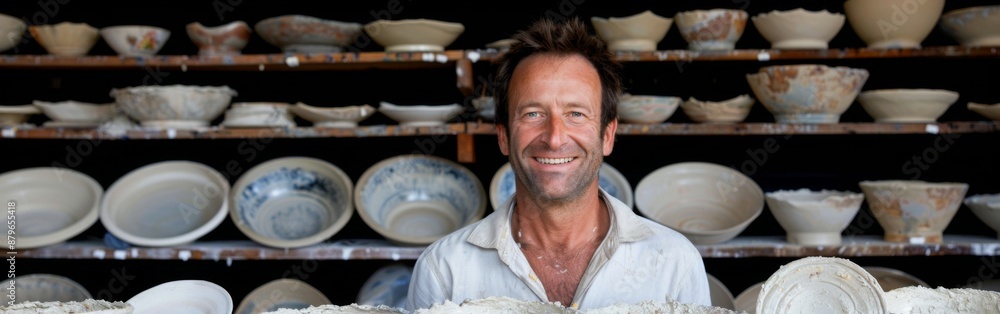 A man is smiling in front of a shelf full of bowls. The man is wearing a white shirt and he is happy A man is smiling in front of a shelf full of bowls. The man is wearing a white shirt and he is happy