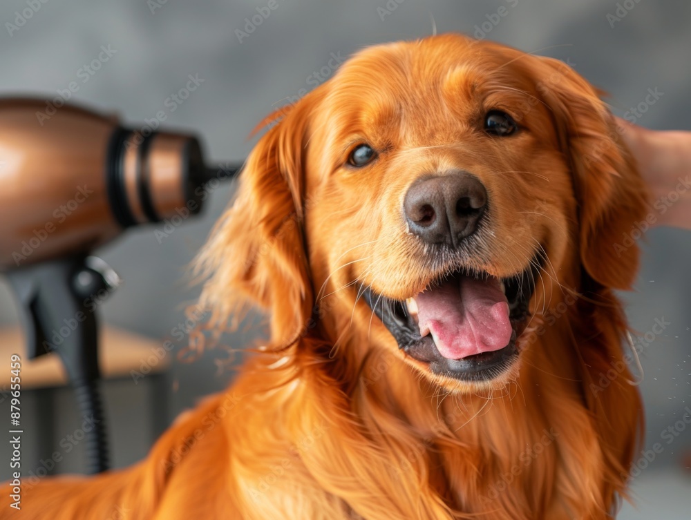 Obraz premium A dog is standing in front of a blow dryer, looking happy. The dog is being groomed and he is enjoying the process