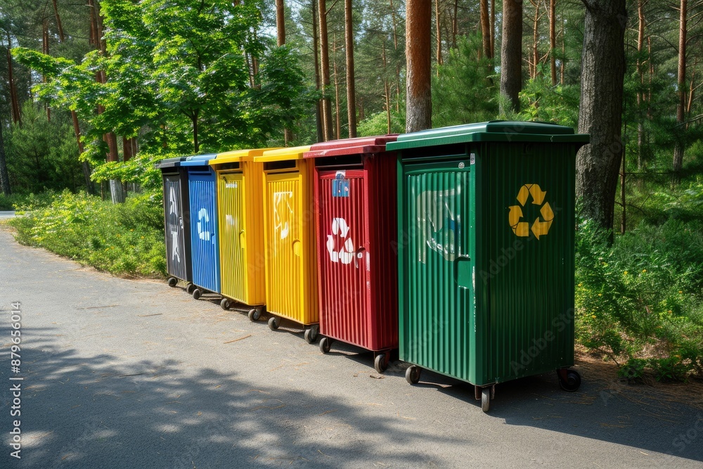 New Recycling Containers in Lush Forest Surroundings New Recycling Containers in Lush Forest Surroundings