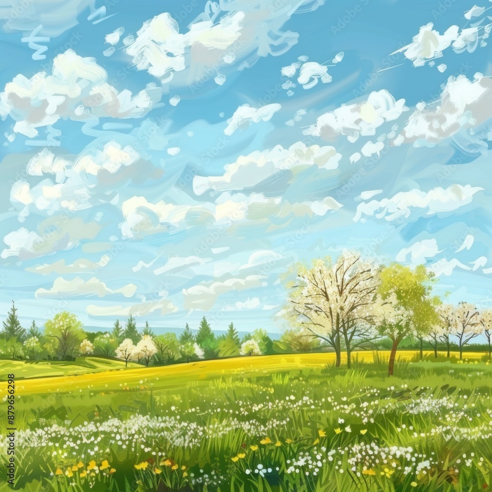A painting of a field with trees and a blue sky. The mood of the painting is peaceful and serene A painting of a field with trees and a blue sky. The mood of the painting is peaceful and serene