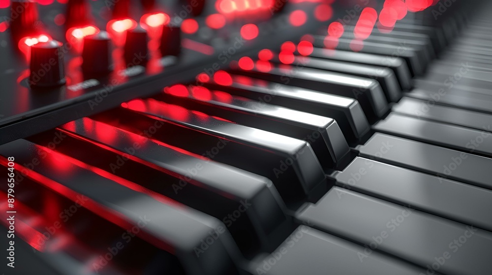 Fototapeta premium Close-up of a piano keyboard with red lights
