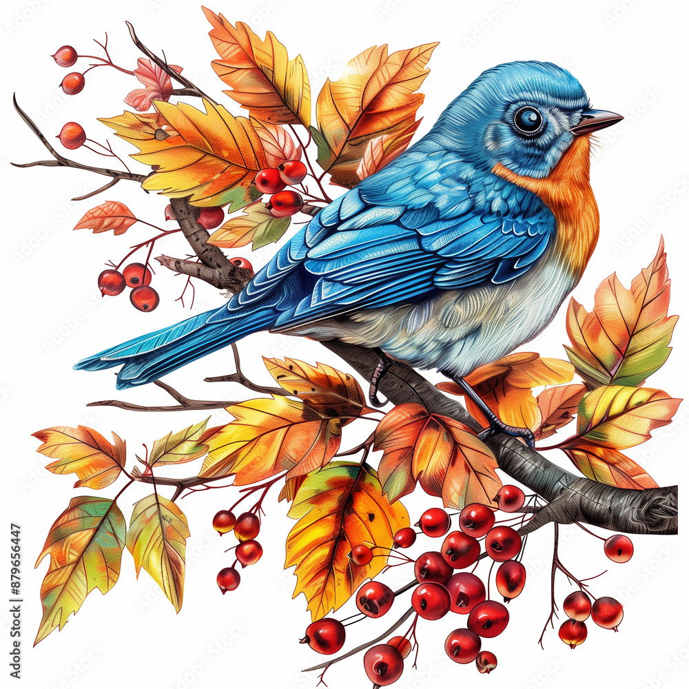 Obraz premium Twigs of autumn leaves with berries on which a blueberry sits. Watercolor style, Bright colors, Nature illustration
