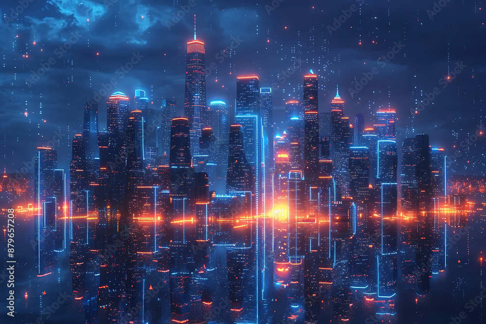 Fototapeta premium Futuristic city, silhouette logo in the wireframe style on a dark blue background