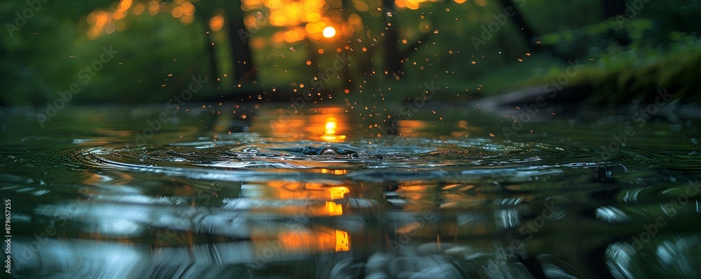 a close up of a water drop with trees in the background. a close up of a water drop with trees in the background.