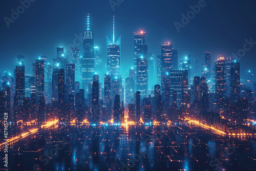 Wallpaper Mural Futuristic city, silhouette logo in the wireframe style on a dark blue background Torontodigital.ca