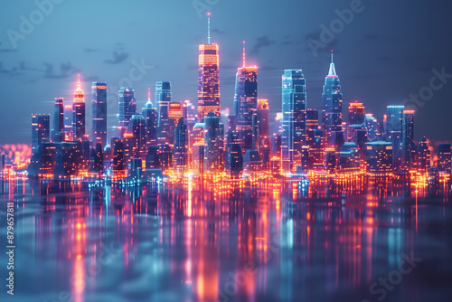 Futuristic city, silhouette logo in the wireframe style on a dark blue background © Evhen Pylypchuk