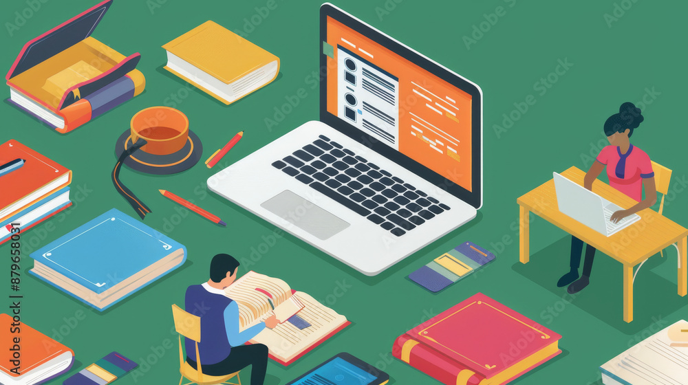 A man and a woman are sitting at a table with a laptop and books A man and a woman are sitting at a table with a laptop and books