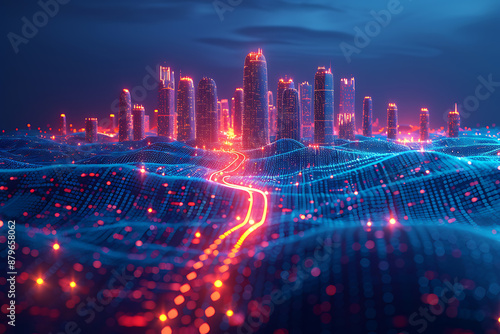 Wallpaper Mural Futuristic city, silhouette logo in the wireframe style on a dark blue background Torontodigital.ca