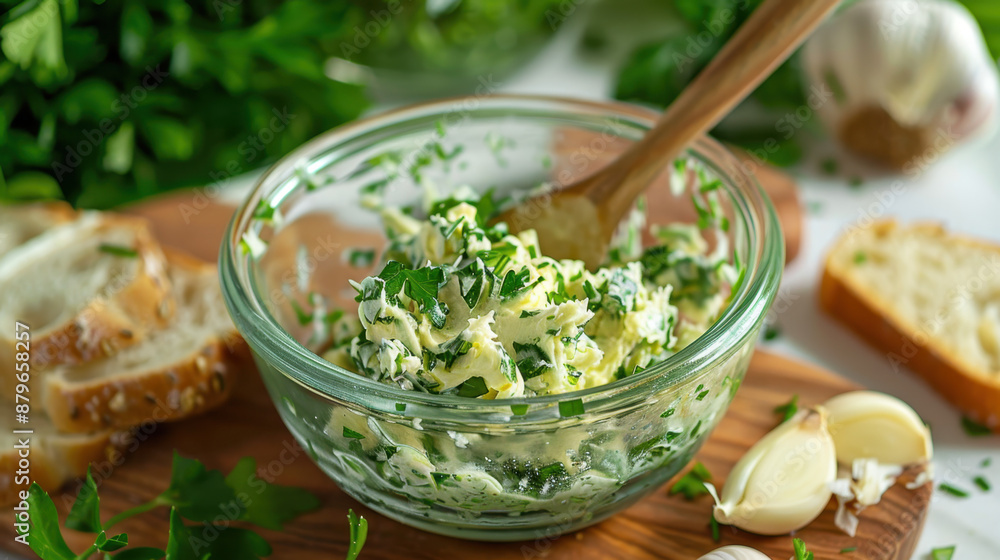 Fresh homemade garlic herb butter in a glass bowl with sliced bread on wooden board Fresh homemade garlic herb butter in a glass bowl with sliced bread on wooden board