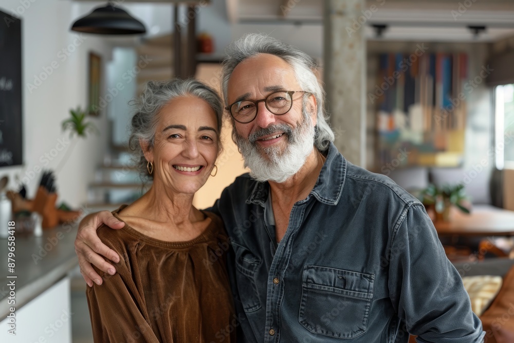 Portrait of a merry multicultural couple in their 60s showing off a lightweight base layer isolated in modern minimalist interior Portrait of a merry multicultural couple in their 60s showing off a lightweight base layer isolated in modern minimalist interior