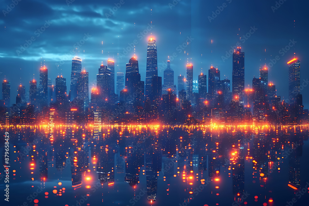 Futuristic city, silhouette logo in the wireframe style on a dark blue background Futuristic city, silhouette logo in the wireframe style on a dark blue background