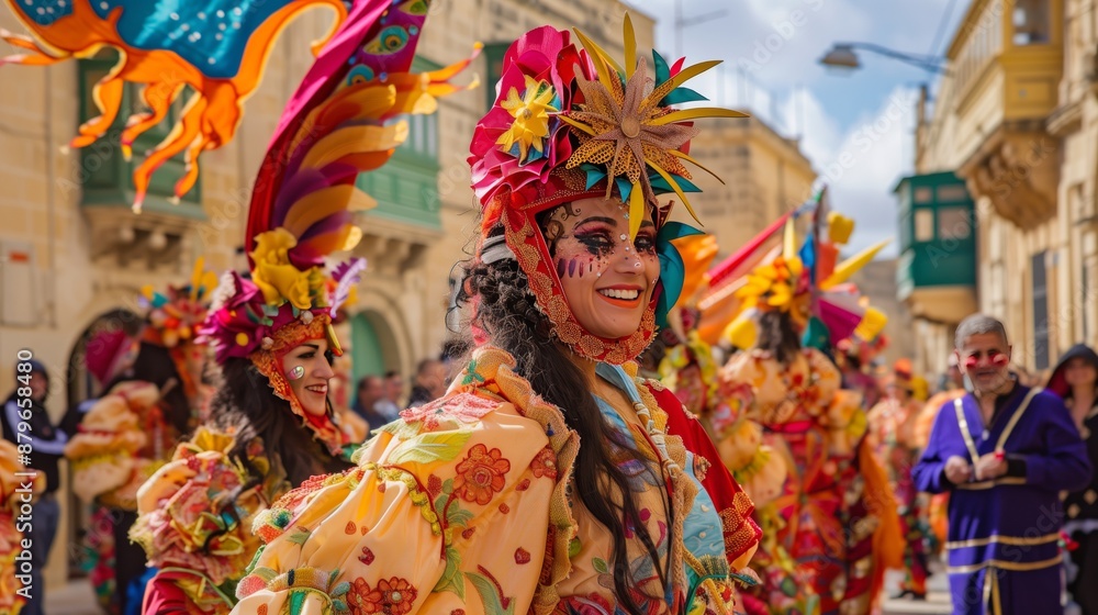 The Maltese Carnival features vibrant floats, traditional music, and elaborate handmade costumes, a lively celebration.