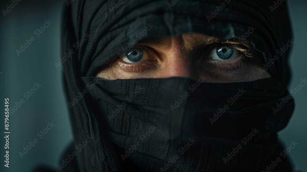 Portrait of man with face covered by black mask Portrait of man with face covered by black mask