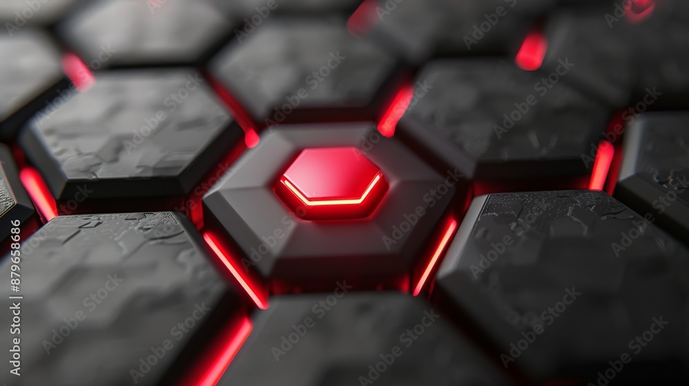 Detailed view of a hexagonal pattern with a distinct central glowing red hexagon, highlighting the symmetry and advanced technology in the scene. Detailed view of a hexagonal pattern with a distinct central glowing red hexagon, highlighting the symmetry and advanced technology in the scene.