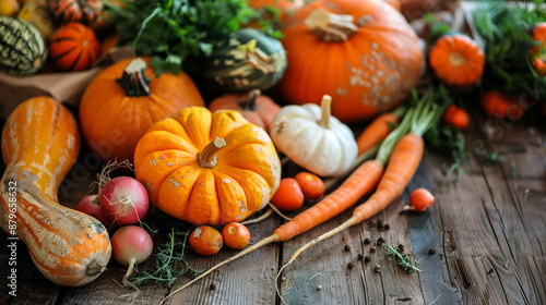 Autumn Harvest with Pumpkins and Carrots on Rustic Wooden Table