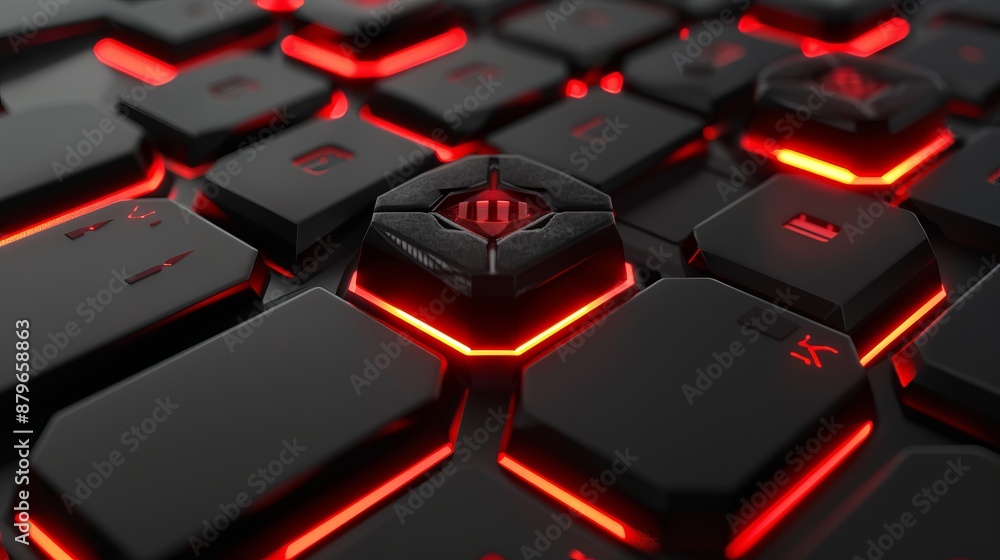 Close-up of an advanced keyboard featuring a unique hexagonal button at the center, illuminated with red light, showcasing a blend of ergonomic and futuristic design. Close-up of an advanced keyboard featuring a unique hexagonal button at the center, illuminated with red light, showcasing a blend of ergonomic and futuristic design.