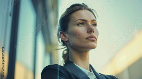 A woman in a business suit is looking out the window