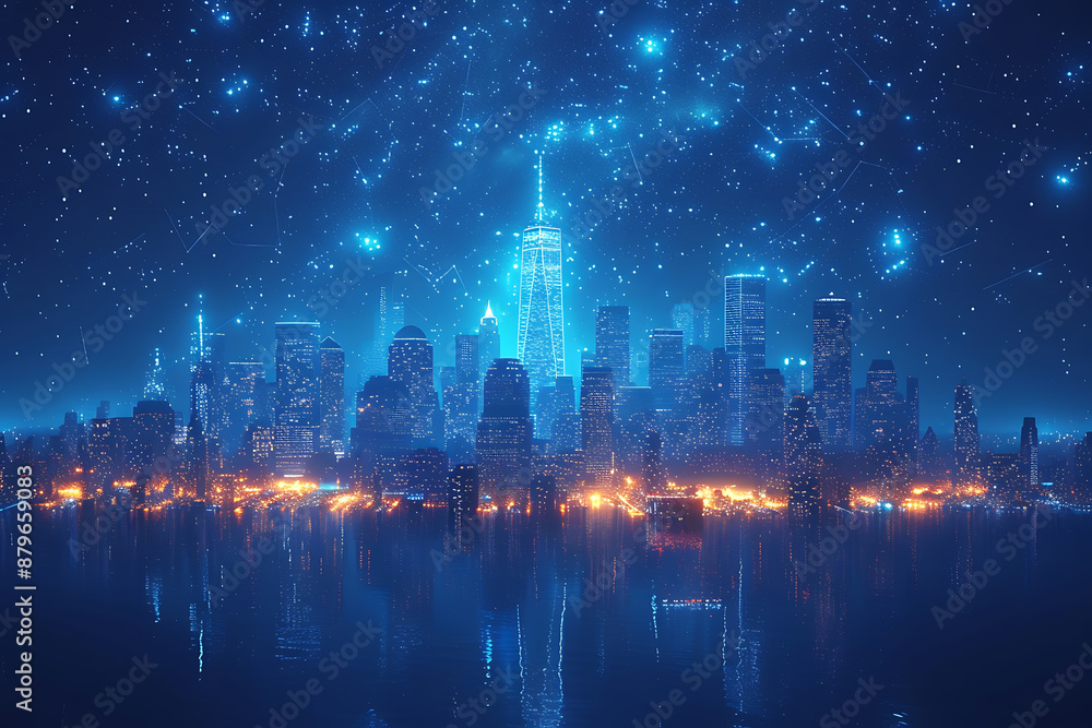 Futuristic city, silhouette logo in the wireframe style on a dark blue background