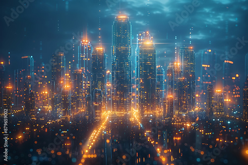 Wallpaper Mural Futuristic city, silhouette logo in the wireframe style on a dark blue background Torontodigital.ca