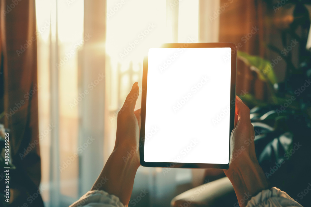 Hands holding a tablet with a blank screen, set against a backdrop of a cozy room with sunlight streaming in Hands holding a tablet with a blank screen, set against a backdrop of a cozy room with sunlight streaming in
