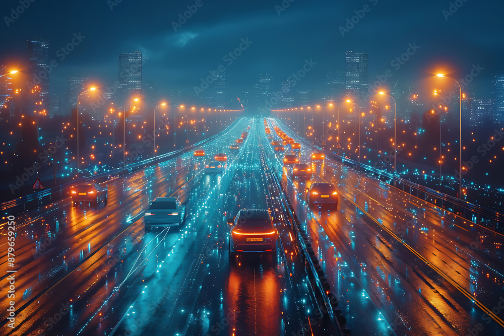 Obraz premium Futuristic highway with cars, silhouette logo in the wireframe style on a dark blue background