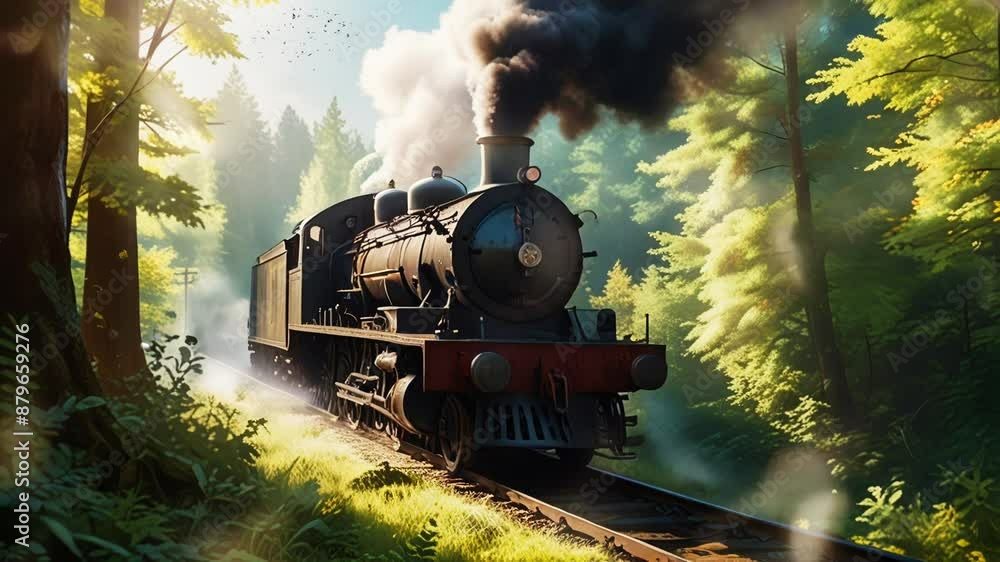 The locomotive train driving in the middle of the forest with sunlight ...