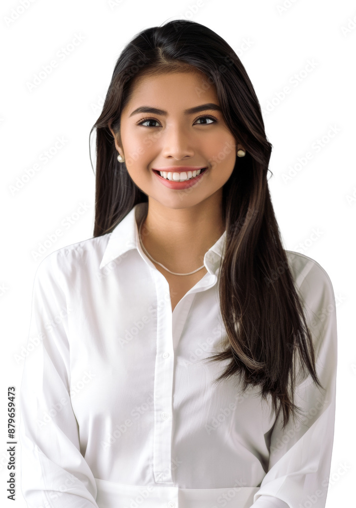 Young Asian woman with long hair, dressed in a white shirt, smiling warmly Young Asian woman with long hair, dressed in a white shirt, smiling warmly